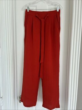 High-Rise Wide-Leg Tie-Waist Pants in Rust